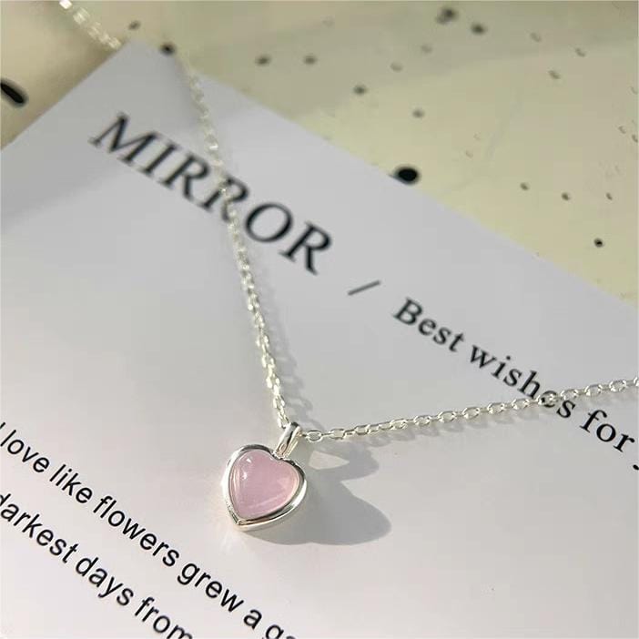 Dainty S925 Silver Pink Opal Heart Necklace