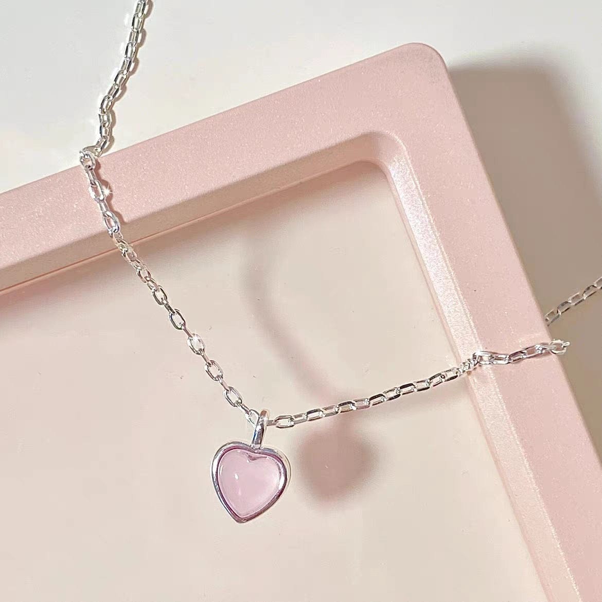 Dainty S925 Silver Pink Opal Heart Necklace