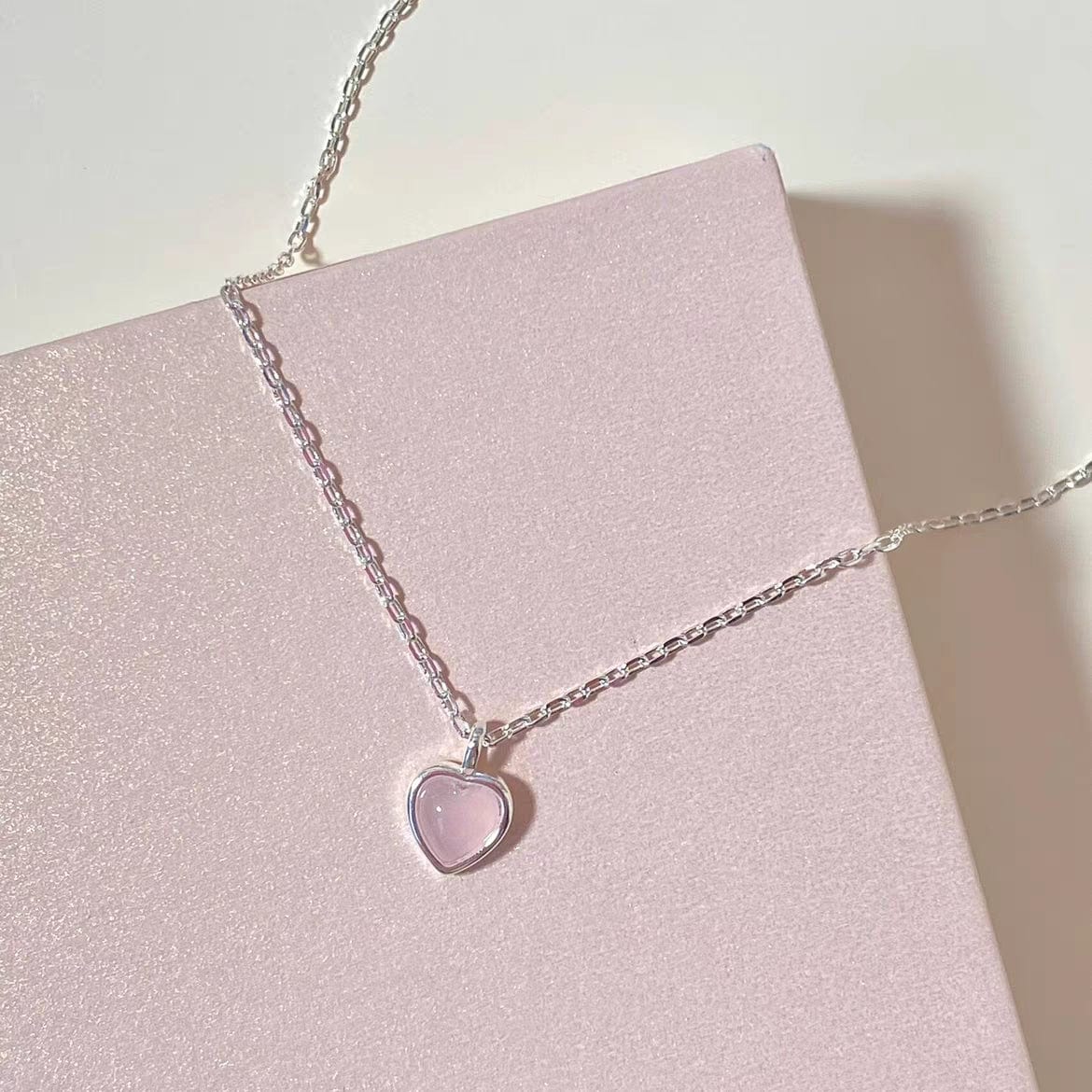 Dainty S925 Silver Pink Opal Heart Necklace
