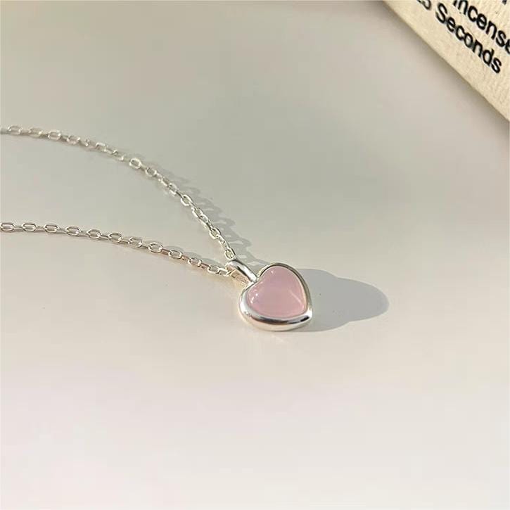 Dainty S925 Silver Pink Opal Heart Necklace