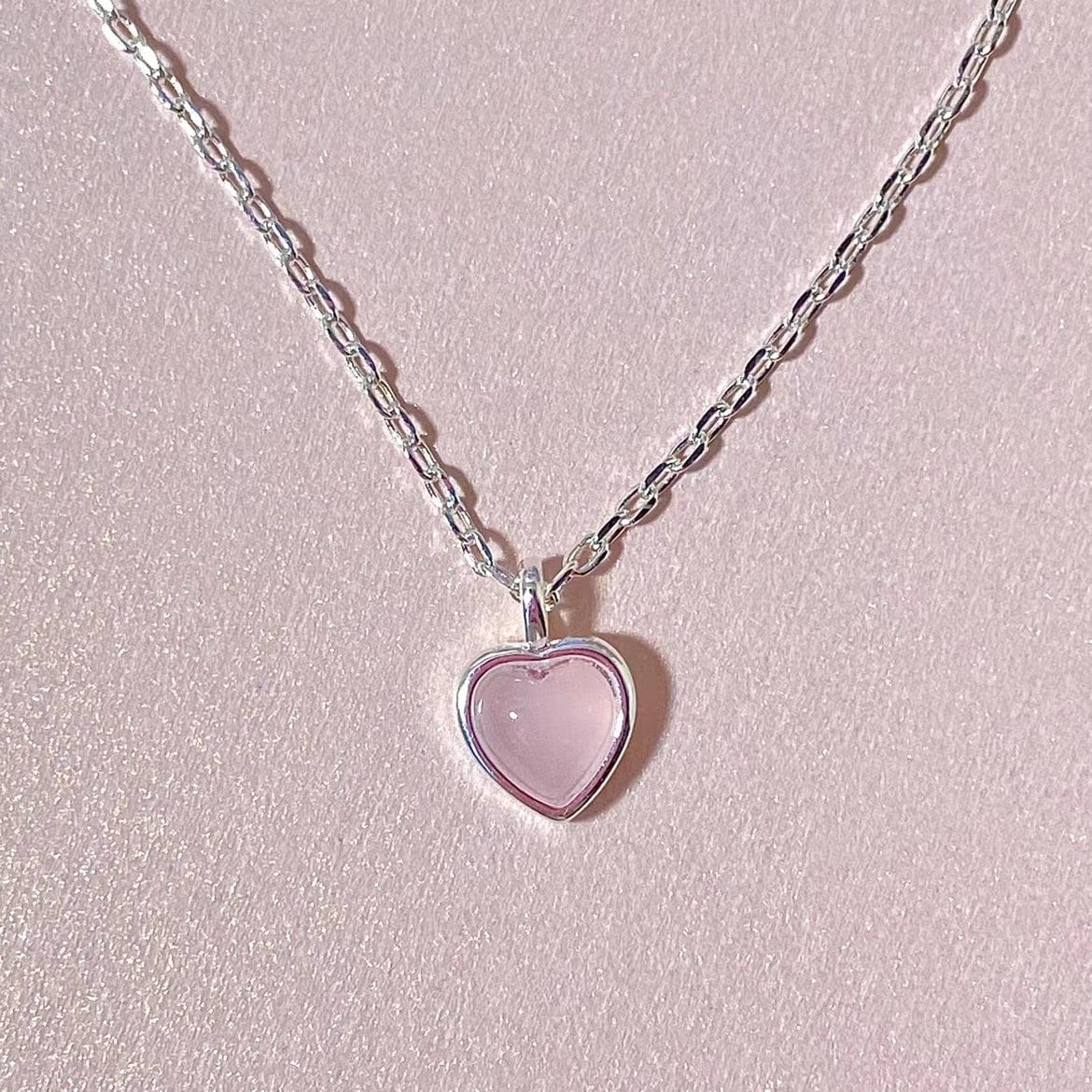 Dainty S925 Silver Pink Opal Heart Necklace