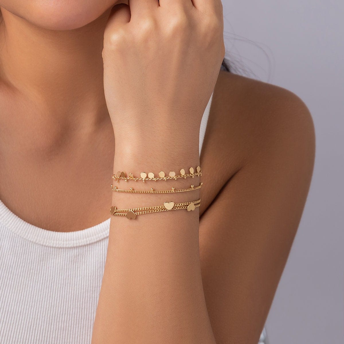 Dainty Sequin Heart Charm Stackable Bracelet Set