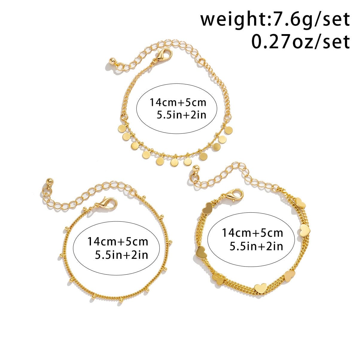 Dainty Sequin Heart Charm Stackable Bracelet Set